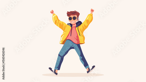 Joyful Boy Dancing to Music in Colorful Flat Vector Illustration