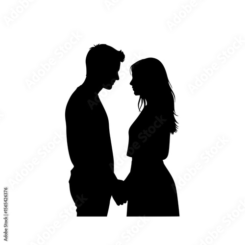 Romantic Couple Holding Hands Silhouette Facing Each Other in a Tender Embrace