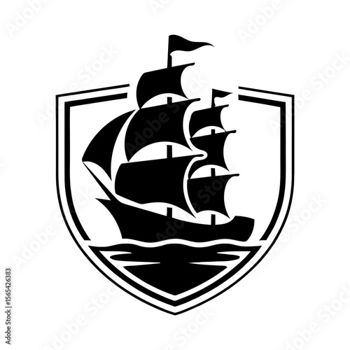 Vintage sailing ship logo in a shield crest for maritime and nautical brands.
