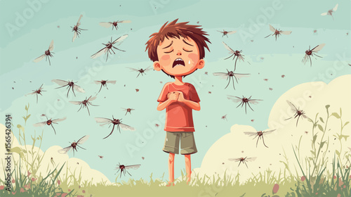 Upset Boy Crying Due to Mosquito Bites