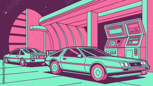 Retro futuristic vaporwave cars at gas station neon art design illustration aesthetic for posters and prints