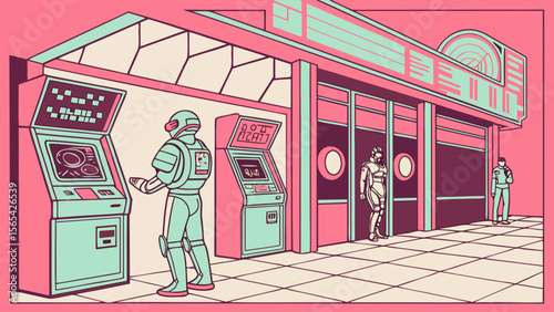 Retro futuristic arcade with robots and vaporwave aesthetic illustration for gaming and science fiction fans