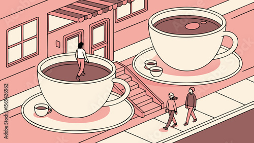 Coffee shop concept art with giant cups of coffee and people walking around and inside the coffee cups