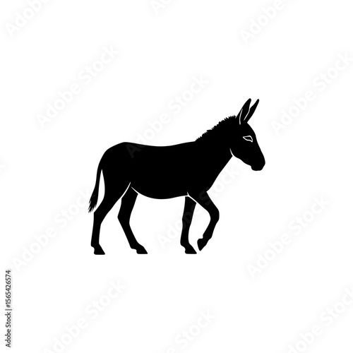 Black Donkey Silhouette Walking Forward Calmly on a White Background