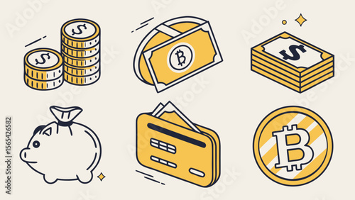 Isometric finance illustration featuring money coins bitcoin wallet and piggy bank for financial growth plan