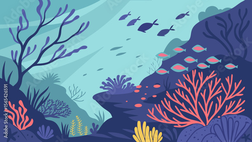 Explore the underwater world: a vibrant coral reef ecosystem with colorful fish and marine life illustration