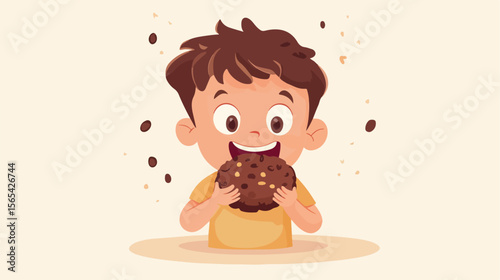 Young Boy Enjoying Delicious Chocolate Cookie - Flat Vector Illustration