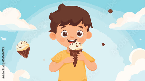 Joyful Boy Eating Delicious Chocolate Ice Cream Cartoon Flat Vector Illustration