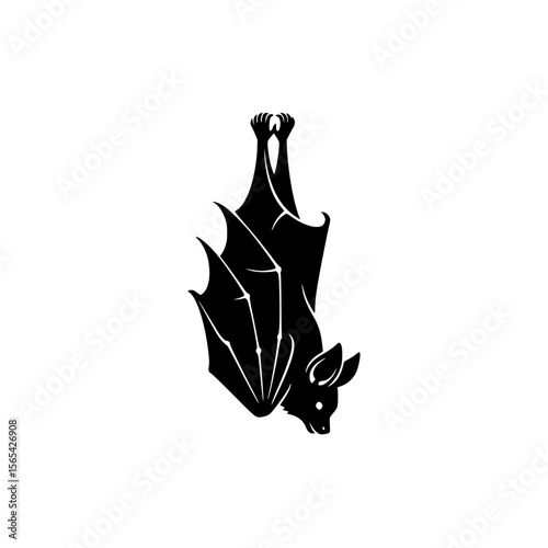 A simple silhouette of a bat hanging upside down with wings spread open