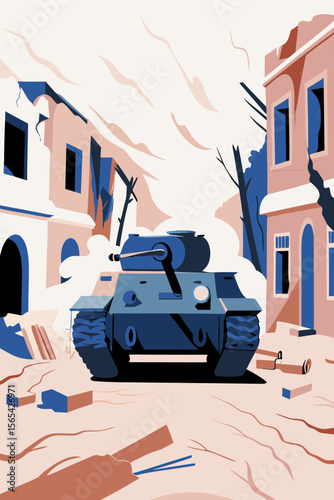 An abandoned battlefield littered with destroyed tanks and smoldering wreckage.