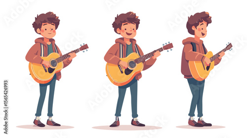 Talented Boy Guitar Player Flat Vector Illustration