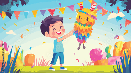 Joyful boy hitting pinata party celebration flat vector illustration