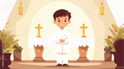 Young Boy Celebrating His First Communion in Flat Vector Illustration