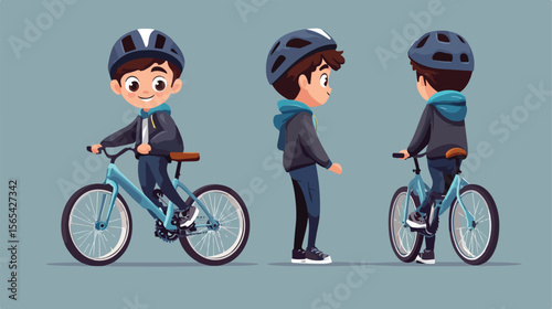 Young Boy Riding Bicycle - Flat Vector Character Illustration