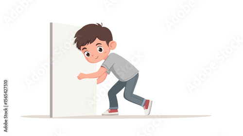 Young Boy Pushing Gray Wall, Determination and Strength Concept