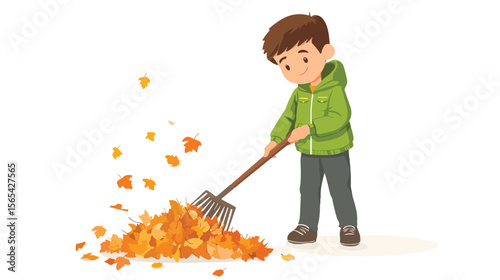 Young Boy in Green Jacket Raking Autumn Leaves on White Background