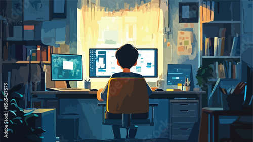 Professional Home Office Setup with Boy Working - Flat Vector Illustration
