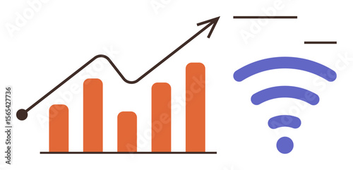 Rising bar chart with upward arrow beside wireless icon, representing growth, success, and technological connectivity. Ideal for innovation, analytics, business growth, technology, connectivity