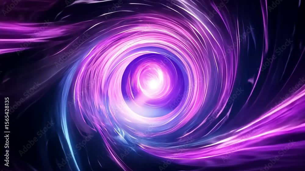 Abstract neon light tunnel with swirling purple and pink vortex. Digital motion graphic for cosmic event footage.