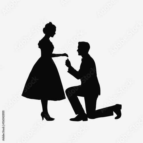 Elegant silhouette of a man proposing to a woman in a vintage dress. Black and white vector perfect for love, romance, engagement, or Valentine’s Day designs.