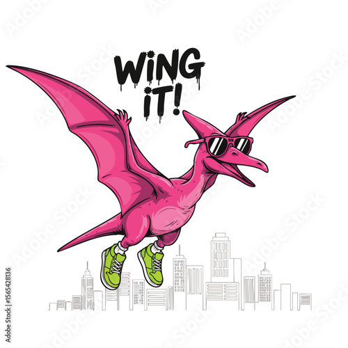 Cartoon Quirky Pink Pterodactyl Flying Over Cityscape Illustration Design