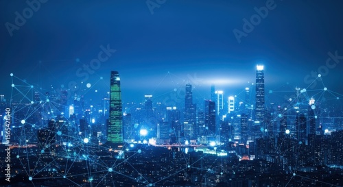 Wallpaper Mural Futuristic cityscape illuminated by digital network connections at night Torontodigital.ca