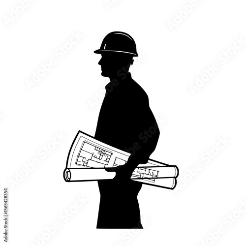 Silhouette of a construction worker wearing a hard hat holding blueprints and architectural plans