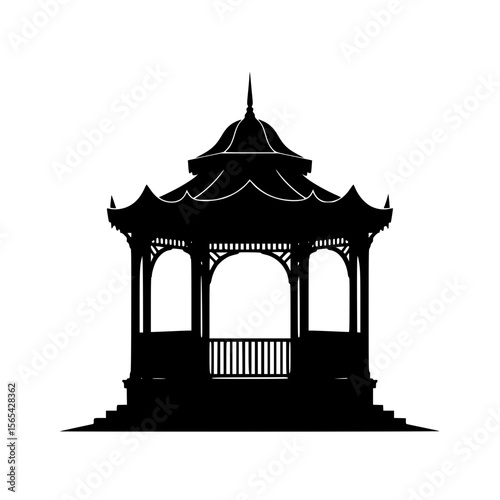 Elegant Black Silhouette of a Traditional Gazebo with Ornate Roof Details and Steps
