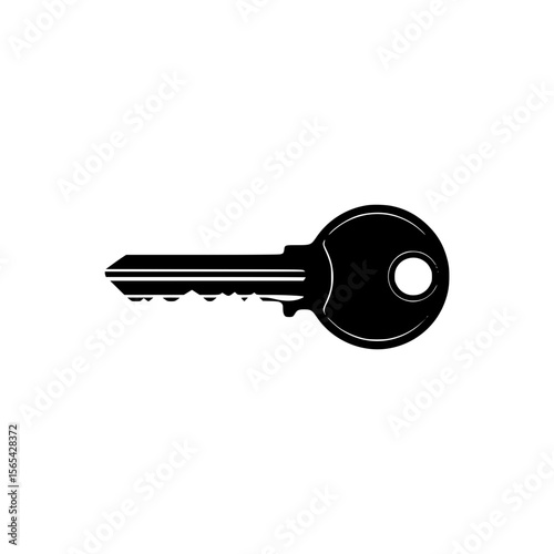 A Simple Black Silhouette of a Metal Key on a White Background