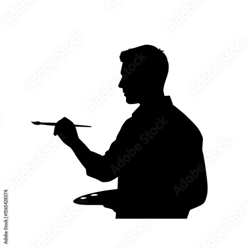 Silhouette of a man painting with a brush and palette in hand on a white background