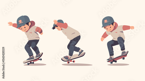 Young Boy Skateboarding Flat Vector Illustration