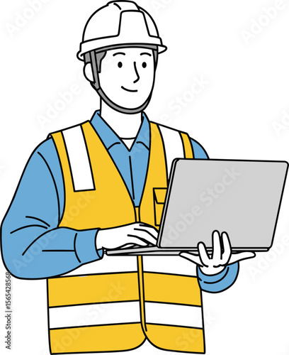 Construction Worker Using Laptop Safety Gear and Technology Integration Illustration