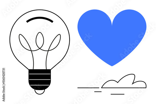 Lightbulb next to a blue heart and simple cloud line art symbolizing creativity, innovation, and joy. Ideal for positivity, teamwork, design, innovation, inspiration, motivation simple landing page
