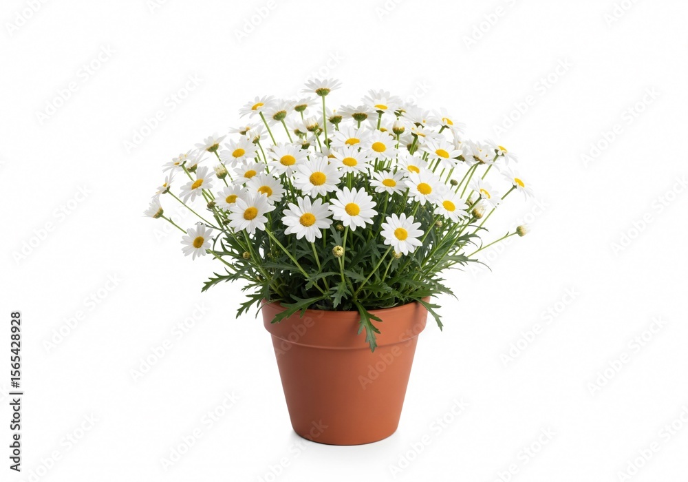 White Daisies in Pot: A cluster of fresh white daisies with yellow centers blooms vibrantly in a brown pot, radiating pure and simple beauty. White Daisies in Pot: A cluster of fresh white daisies with yellow centers blooms vibrantly in a brown pot, radiating pure and simple beauty.