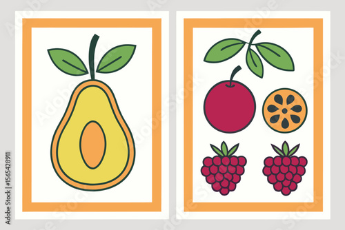 Minimalist Fruit Posters Modern Abstract Prints of Pears, Raspberries, and Passion Fruit
