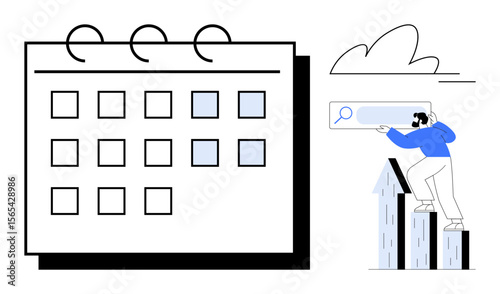 Calendar with marked dates next to a person standing on graph bars, searching with a magnifying bar. Ideal for scheduling, time management, goal setting, task prioritization, project planning
