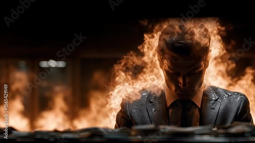 Wallpaper Mural A businessman stands amidst flames, contemplating his fate surrounded by burning papers in an office Torontodigital.ca
