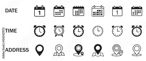 Date, Time, Address, or Place Icons: Symbol - Time, date, and address or place icon set. Clock, calendar, location pin. Vector illustration.	
