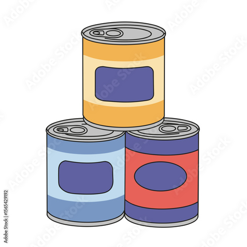 Canned food stacked for emergency with colorful labels and lids  