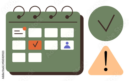 Calendar with marked dates, checkmark circle, and warning triangle prioritize tasks, deadlines, and alerts. Ideal for productivity, time management, organization, deadlines task planning workplace