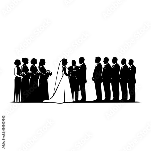 Wedding Ceremony Silhouette of Bridal Party and Groom Grooming the Bride