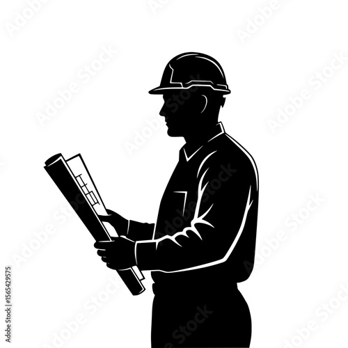 Silhouette of a construction worker in hard hat reviewing blueprints plan document