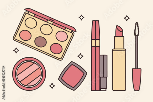 Makeup Essentials Palette, Lipsticks, and Tools Illustration