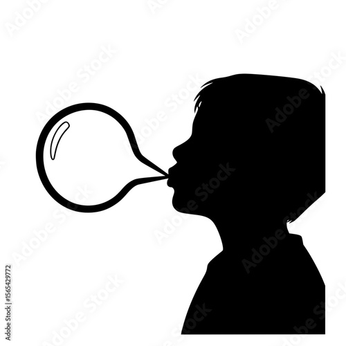 Silhouette of a child blowing a large bubble towards the left