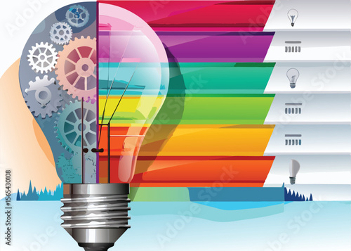 Colorful Abstract Lightbulb Gears Rainbow Energy Efficiency Idea Concept cogs mechanism