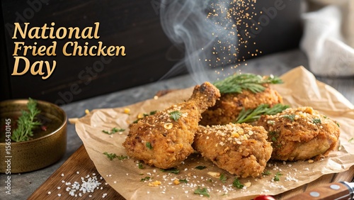 Close-up of crispy fried chicken coated in herbs and spices.