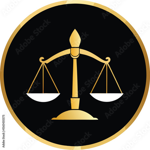 Gold Scales of Justice Icon Black Background Circular Emblem Legal Symbol vector