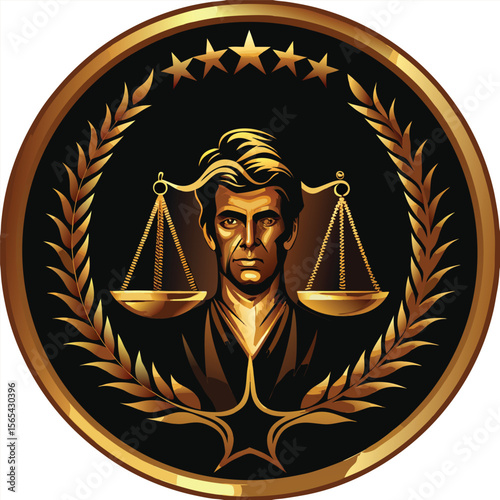 Gold Scales of Justice Emblem Man Portrait Black Background Golden Laurel Wreath Stars