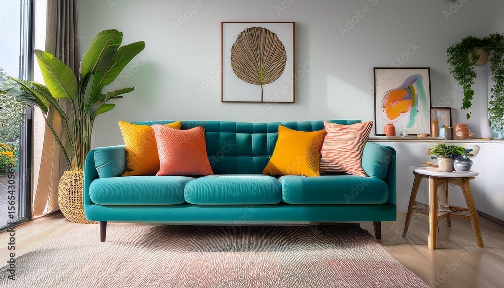 Fototapeta premium comfortable living room scene featuring a cozy couch with vibrant colors