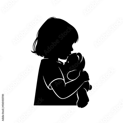 Little Girl Tenderly Hugs Beloved Teddy Bear Silhouette